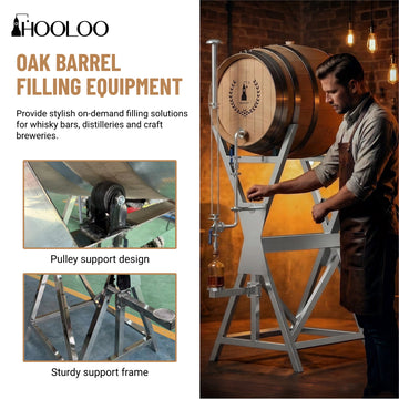 HOOLOO Oak Barrel 304 Stainless Steel With Pulle Frame Whiskey Aging Bottling Equipment for Distilleries & Craft Bars