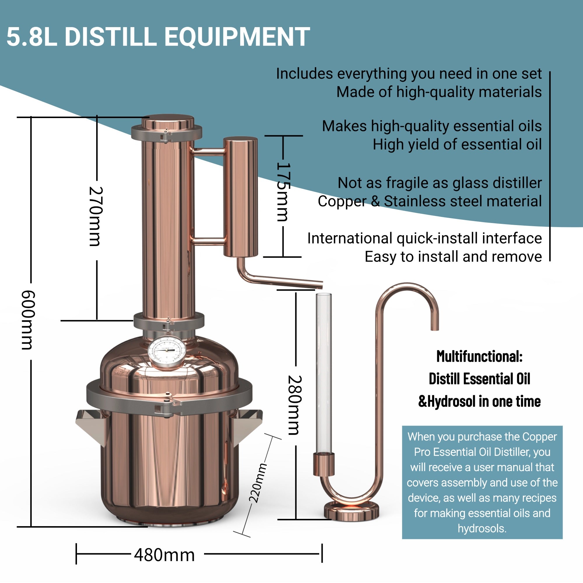 HOOLOO 8L Copper Essential Oil/Hydrosol Still/Distiller