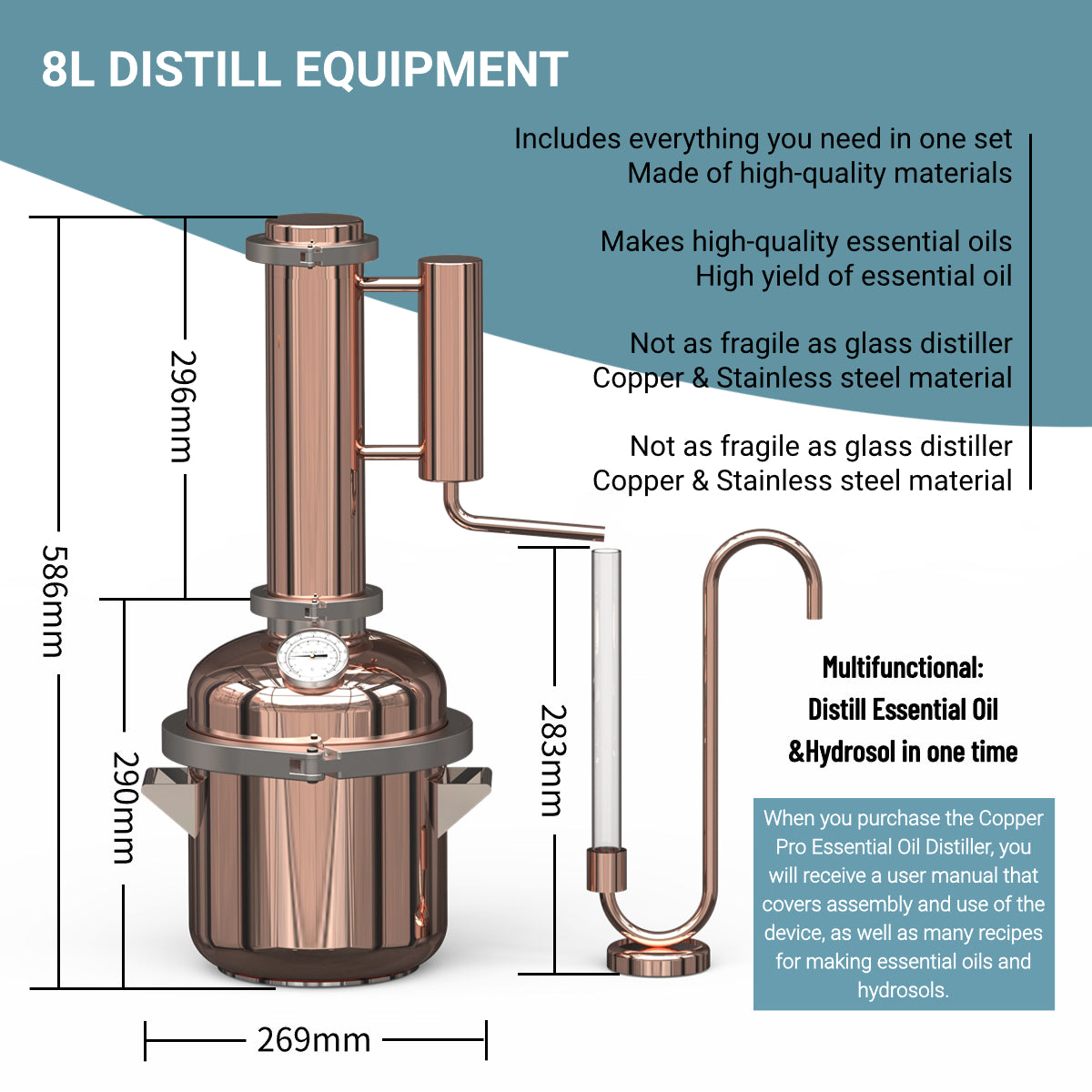 HOOLOO 8L Copper Essential Oil/Hydrosol Still/Distiller